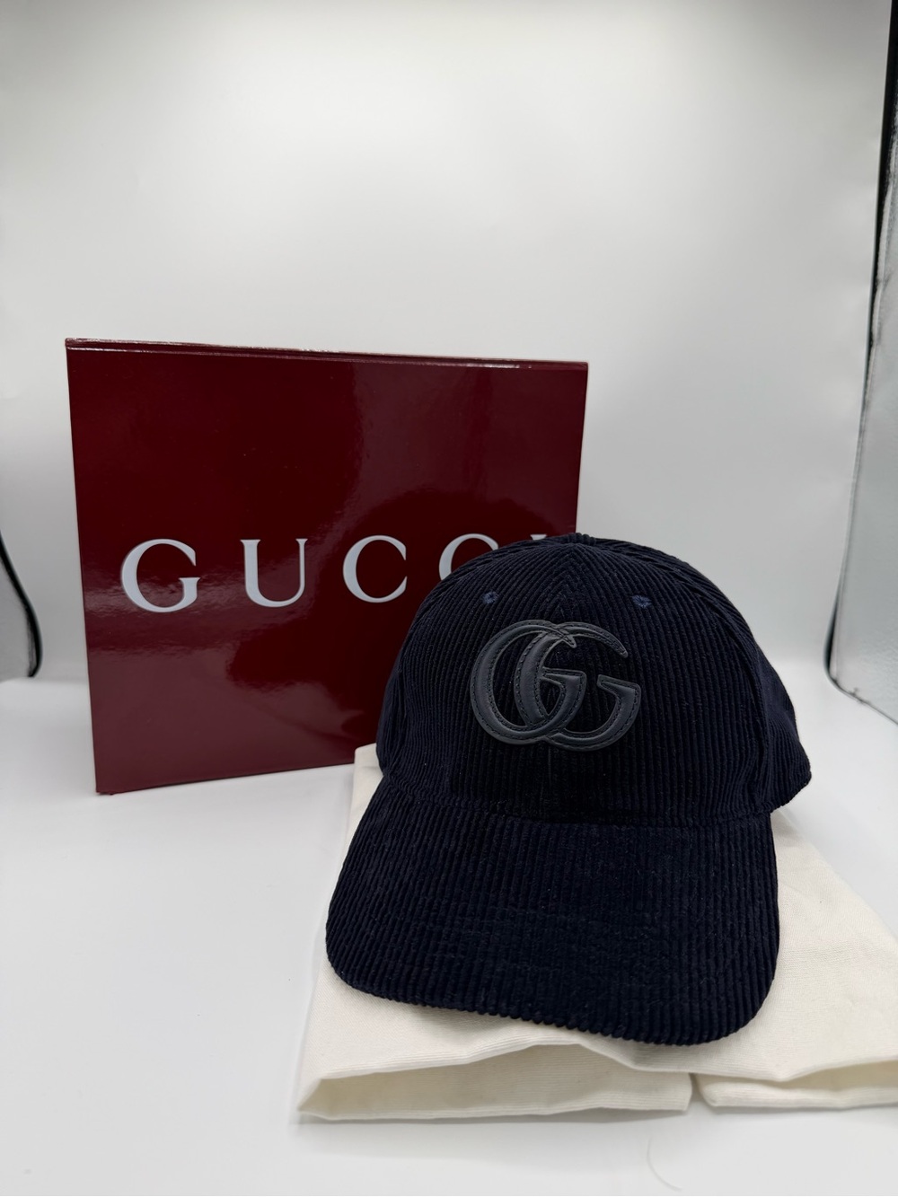 Gucci Navy Corduroy Baseball Cap with Interior GG Tag